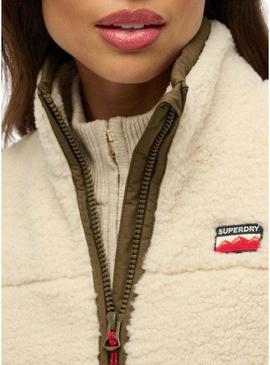 Jaqueta polar Superdry Fleece Hybrid bege e verde para mulher.