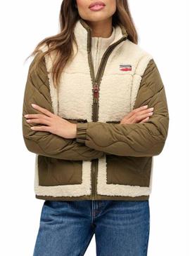 Jaqueta polar Superdry Fleece Hybrid bege e verde para mulher.