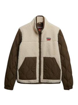 Jaqueta polar Superdry Fleece Hybrid bege e verde para mulher.