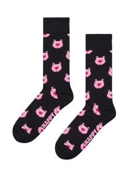 Meias Happy Socks Pig preto para mulher e homem.