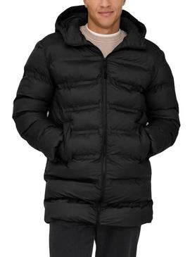 Casaco acolchoado Only and Sons Union com capuz preto para homem.