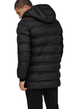 Casaco acolchoado Only and Sons Union com capuz preto para homem.