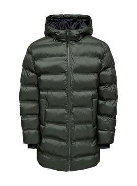 Casaco acolchoado Only and Sons Union com capuz verde para homem.