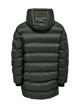 Casaco acolchoado Only and Sons Union com capuz verde para homem.