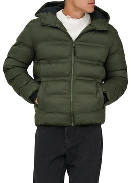 Casaco acolchoado com capuz verde Only and Sons Union para homem.