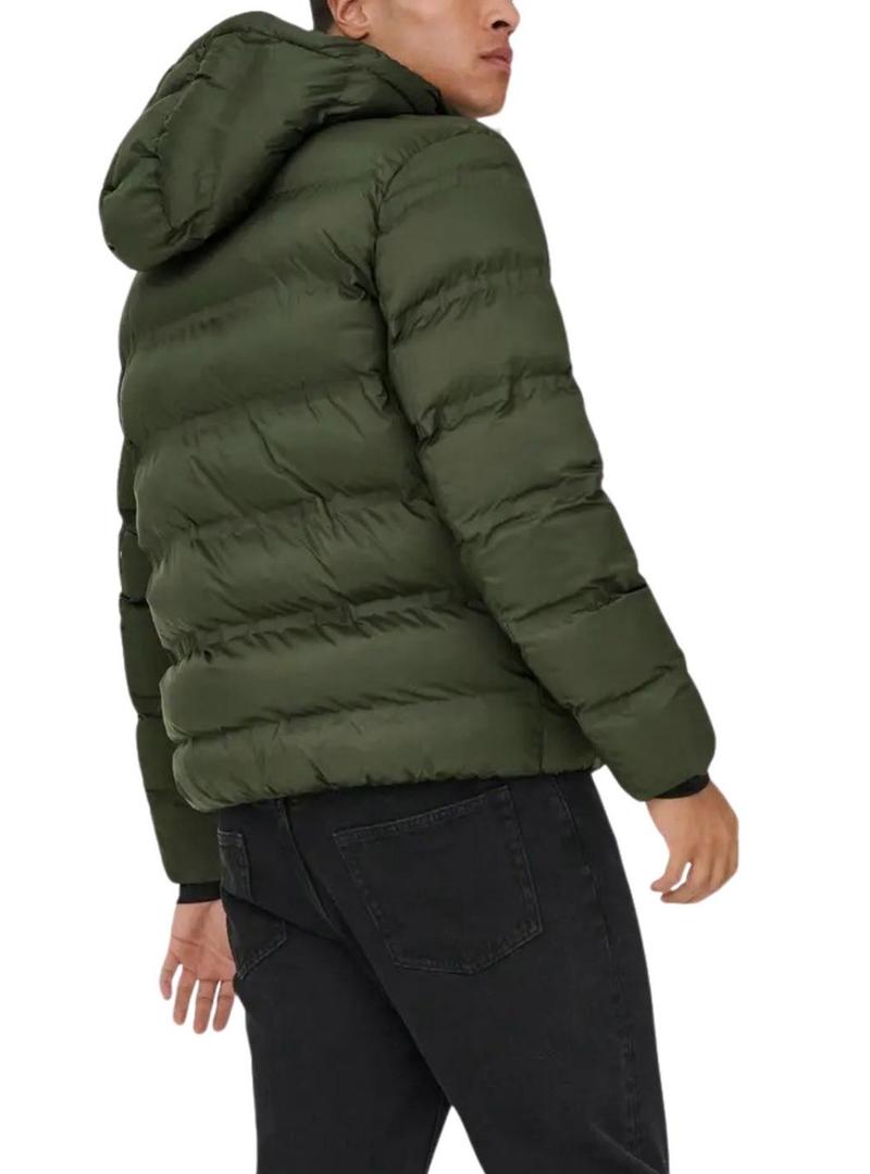 Casaco acolchoado com capuz verde Only and Sons Union para homem.