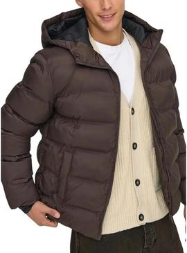 Coletor acolchoado com capuz marrom Only and Sons Union para homens