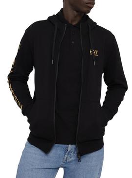 Jaqueta Emporio Armani EA7 preta e dourada com capuz para homem.