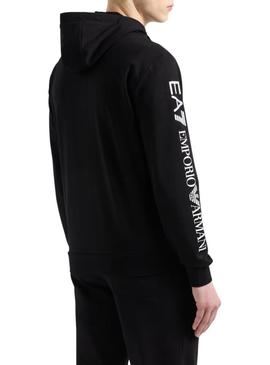 Jaqueta Emporio Armani EA7 preta com capuz e zíper para homem.