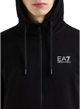 Jaqueta Emporio Armani EA7 preta com capuz e zíper para homem.