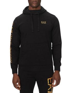 Moletom Emporio Armani EA7 com capuz preto e dourado para homem.