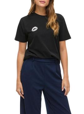 Camiseta Vila Vinora preta com estampa de lábios para mulher.
