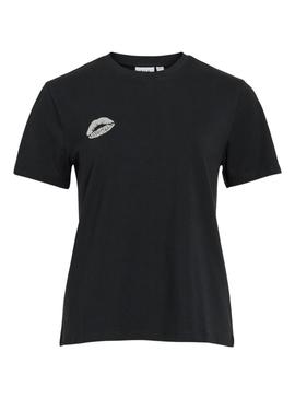 Camiseta Vila Vinora preta com estampa de lábios para mulher.