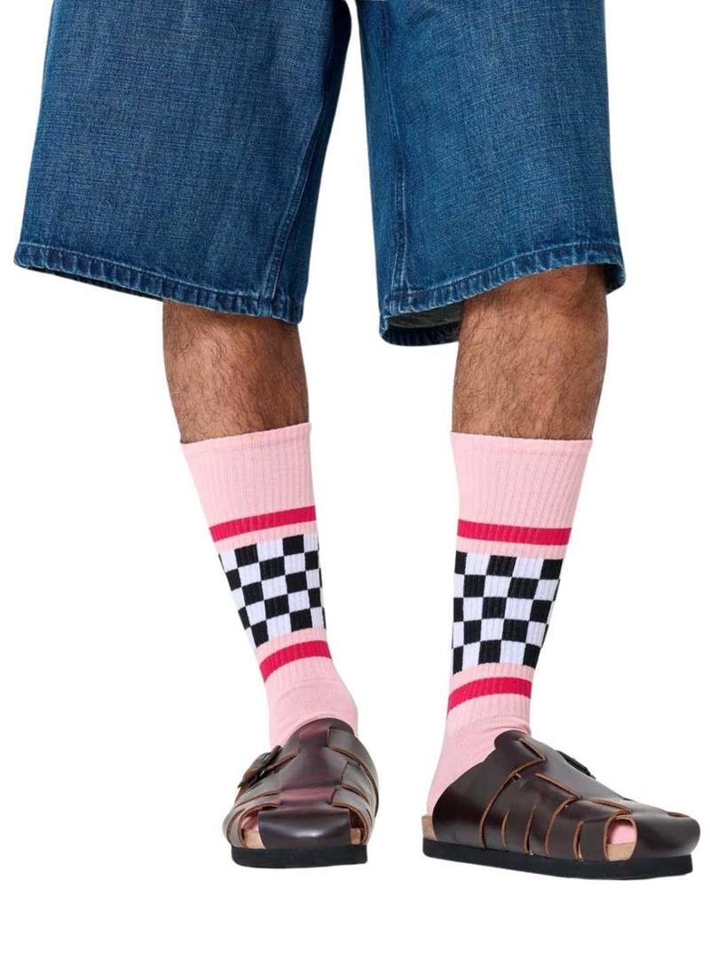 Meias Happy Socks Checked Stripe rosa para mulher.