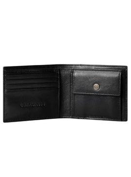 Carteira Calvin Klein Bold CK em couro preto com porta-moedas para homem.