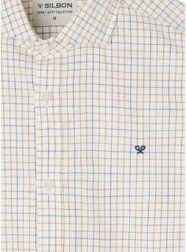 Camisa Silbon sport xadrez bicolor azul e mostarda para homens.