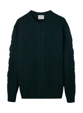 Camisola de tricô verde com padrão de tranças para homem.