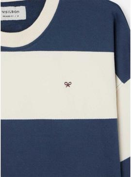 Moletom Silbon relaxado listrado creme e azul para homem.