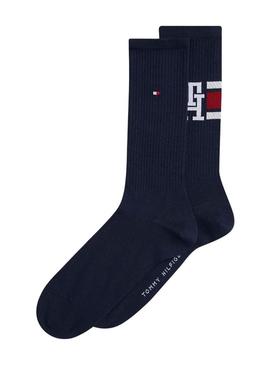 Pacote com 2 pares de meias Tommy Hilfiger Monogram Sport marinho para homem.