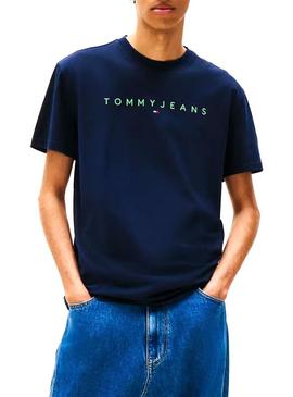 Camisa Tommy Jeans Linear Logo azul marino para homens.