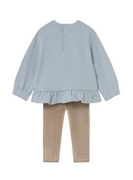 Conjunto de moleton e legging Mayoral cachorro azul e camelo para bebê.