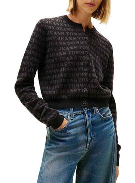 Jaqueta de malha Tommy Jeans Spellout preta para mulher.