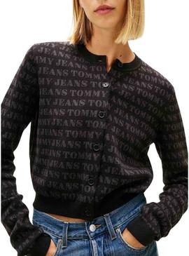 Jaqueta de malha Tommy Jeans Spellout preta para mulher.