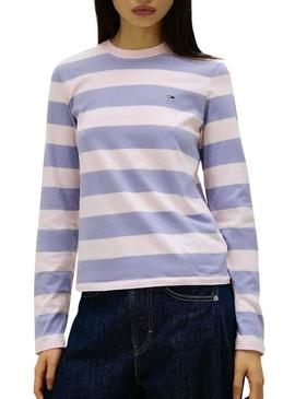 Camiseta Tommy Jeans manga comprida listrada lilás para mulher.