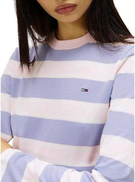 Camiseta Tommy Jeans manga comprida listrada lilás para mulher.