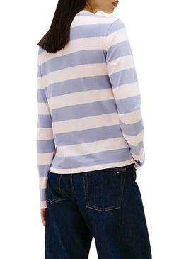 Camiseta Tommy Jeans manga comprida listrada lilás para mulher.