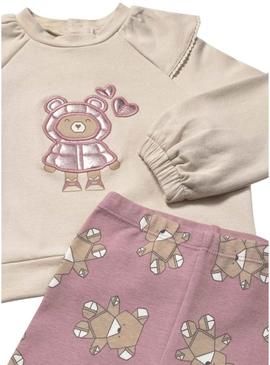Conjunto legging e moletom Mayoral Orquídea bege e rosa para menina.