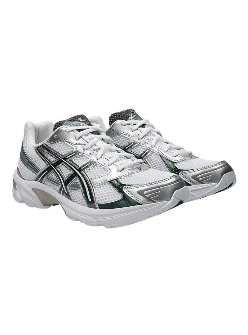 Sapatilhas Asics Gel 1130 prateadas e verdes para mulheres.