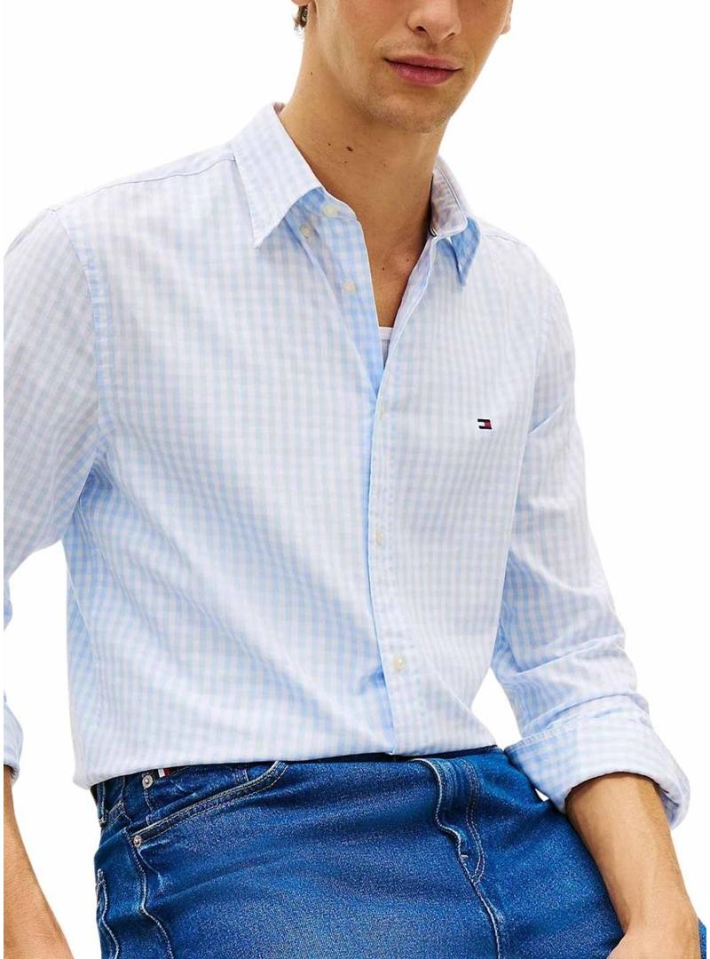 Camisa Tommy Hilfiger Gingham branca e azul para homem.