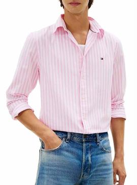 Camisa Tommy Hilfiger rosa e branco listrada para homem
