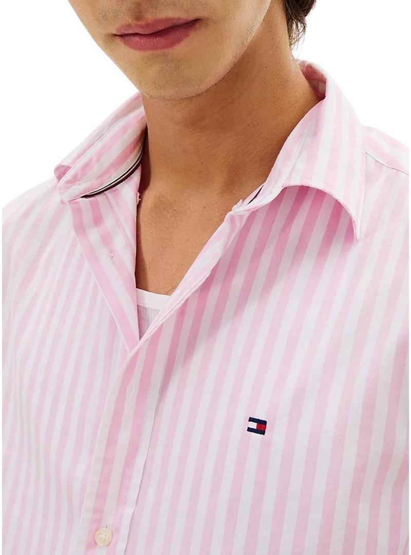 Camisa Tommy Hilfiger rosa e branco listrada para homem