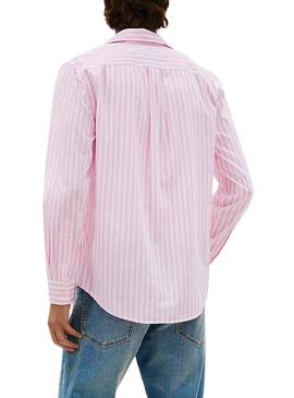 Camisa Tommy Hilfiger rosa e branco listrada para homem