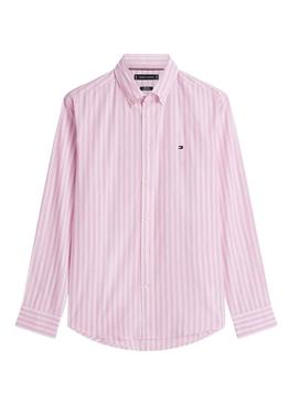 Camisa Tommy Hilfiger rosa e branco listrada para homem