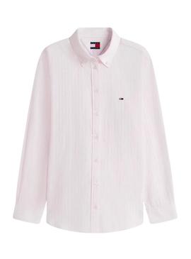 Camisa Tommy Jeans Poplin listrada rosa e branca para mulher.