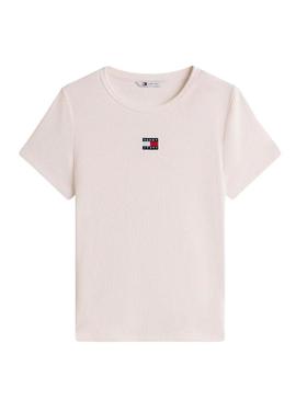 Camiseta Tommy Jeans Slim Badge branca para mulher.