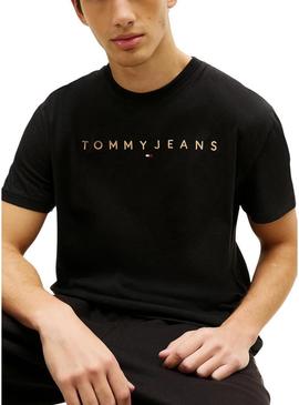 Camiseta Tommy Jeans Linear Logo preta para homem.