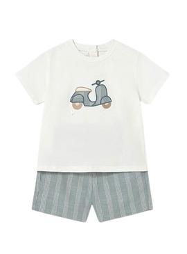 Conjunto Mayoral moto branco e azul para bebê.