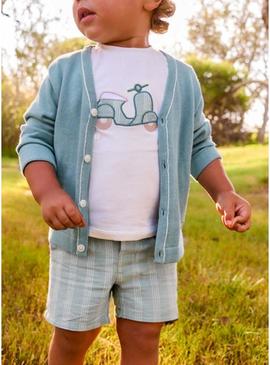 Conjunto Mayoral moto branco e azul para bebê.