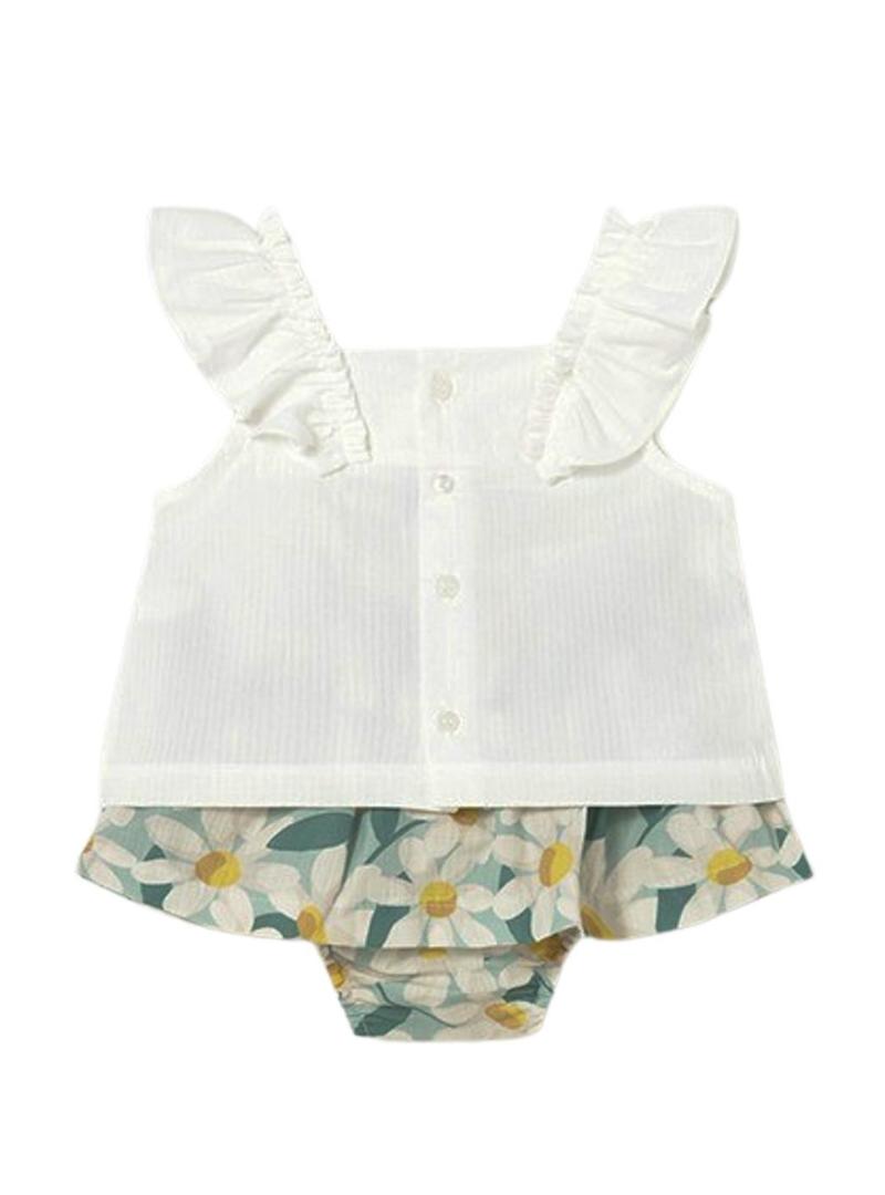 Conjunto de camisa e saia azul com flores para bebê da Mayoral.