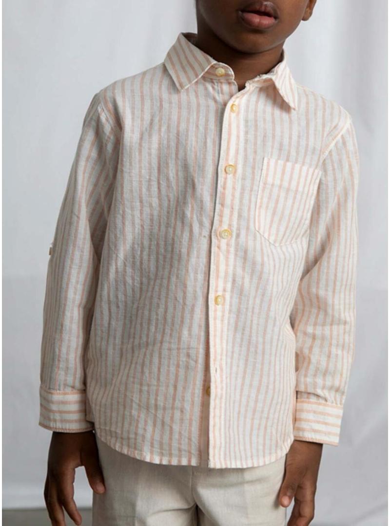 Camisa Mayoral linho listras branco e laranja para menino