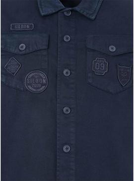 Camisa de manga longa Silbon com remendos azul marinho para homem.