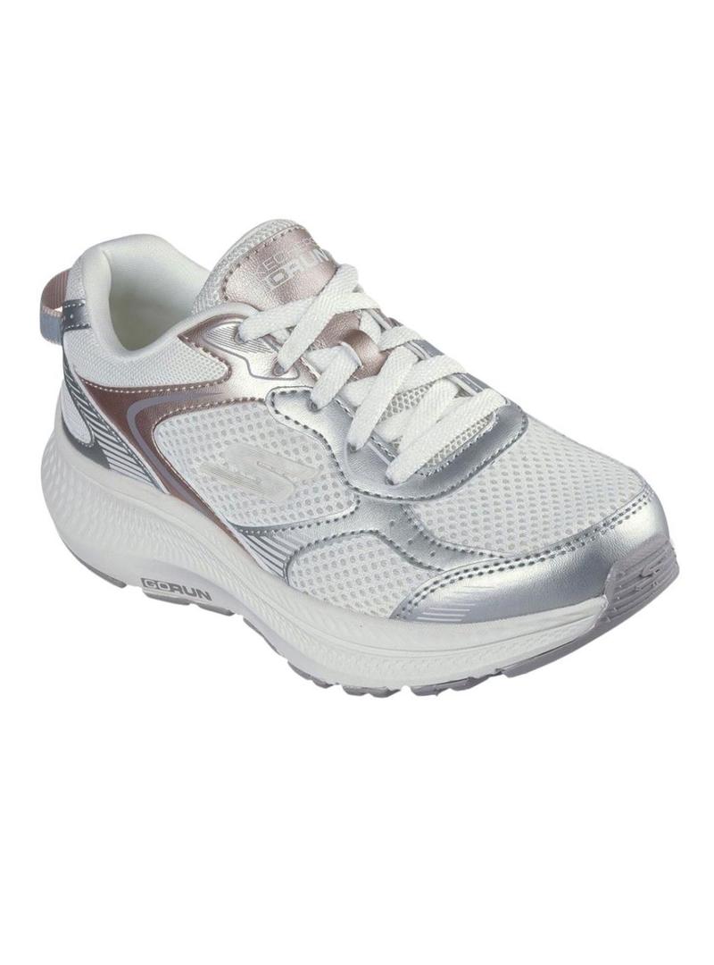 Tênis Skechers Go Run 2.0 branco e prateado para mulher.