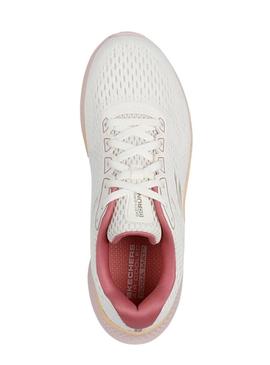 Tênis Skechers Go Run branco e rosa para mulheres.