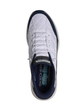 Tênis Skechers Contour Foam branco e azul marinho para homem.