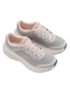 Sapatilhas Skechers Max Cushioning cinza e rosa para mulher.