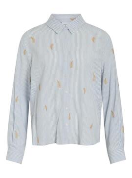 Camisa Vila Matinda listrada e bordada azul para mulher.